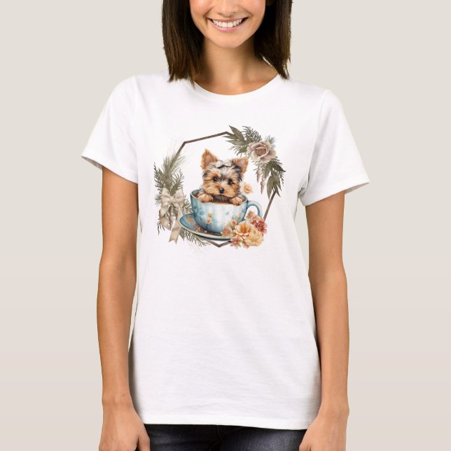 T-shirt Cute Teacup Yorkie en Gold Frame et Rose (Devant)