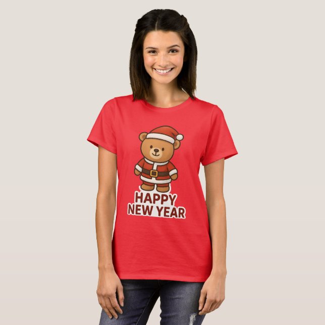 T-shirt Cute Teddy Bear Santa Happy New Year Sticker (Devant entier)