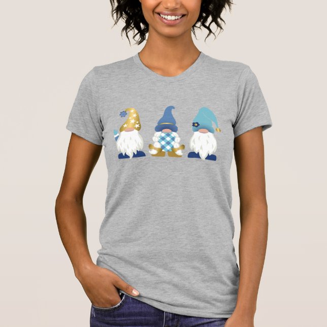 T-shirt Cute tendance Gnomes Blue Gold White Buffalo Plaid (Devant)