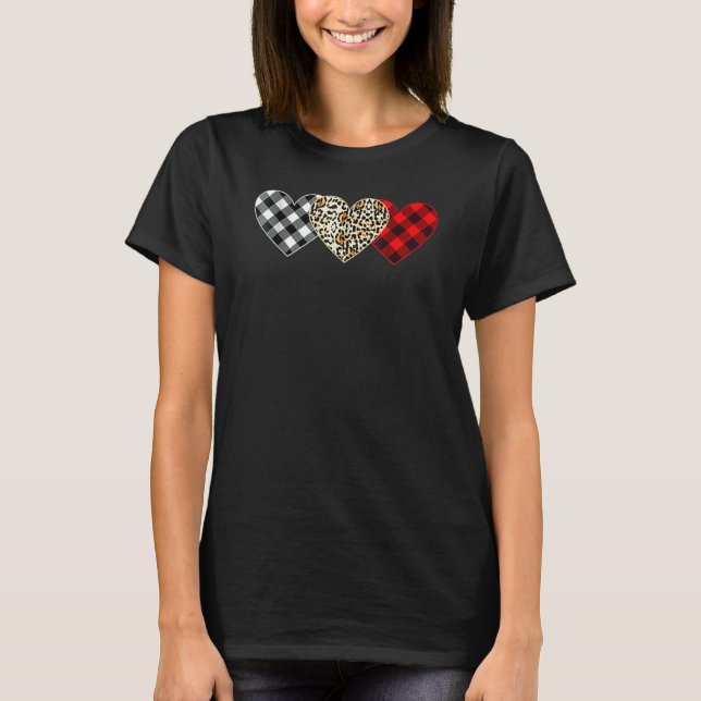 T-shirt Cute Three Heart Leopard Buffalo Red Black Plaid V (Devant)