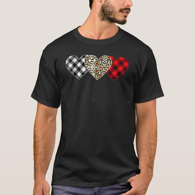 T-shirt Cute Three Heart Leopard Buffalo Red Black Plaid V (Devant)