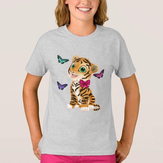 T-shirt Cute Tiger Cub avec Bow Rose & Papillons (Devant)