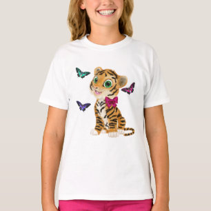 T-shirt Cute Tiger Cub avec Bow Rose & Papillons