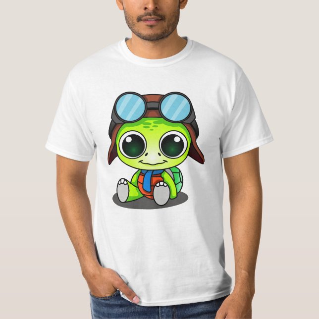T-shirt Cute tortue caricaturale en Aviator Casquette (Devant)