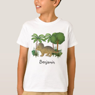 T-shirt Cute Triceratops Dinosaure Avec Arbres Et Plante