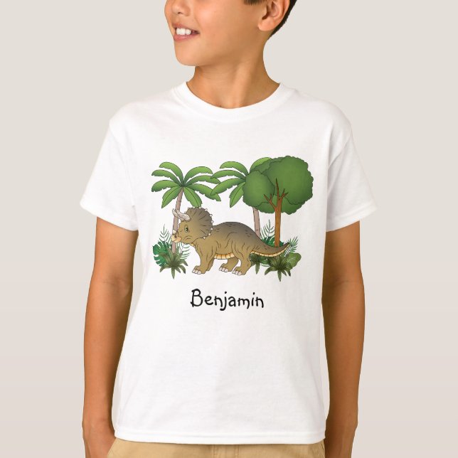 T-shirt Cute Triceratops Dinosaure Avec Arbres Et Plante (Devant)