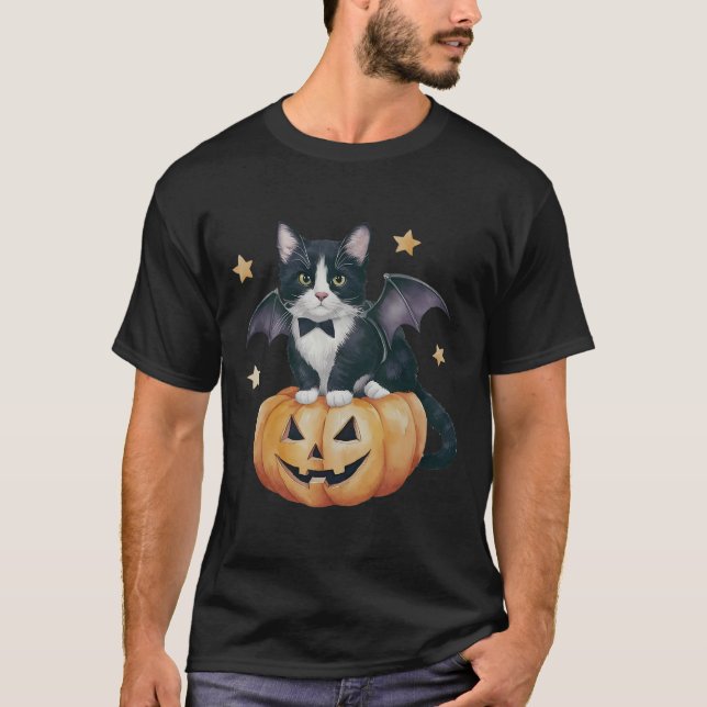 T-shirt Cute Tuxedo Chat Halloween Citrouille Chat Éffraya (Devant)