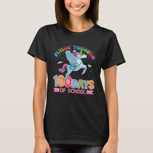 T-shirt Cute unicorn 100 days of school girls (Devant)
