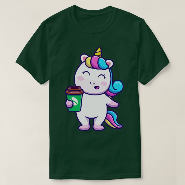 T-shirt Cute Unicorn Holding Coffee  (Design devant)