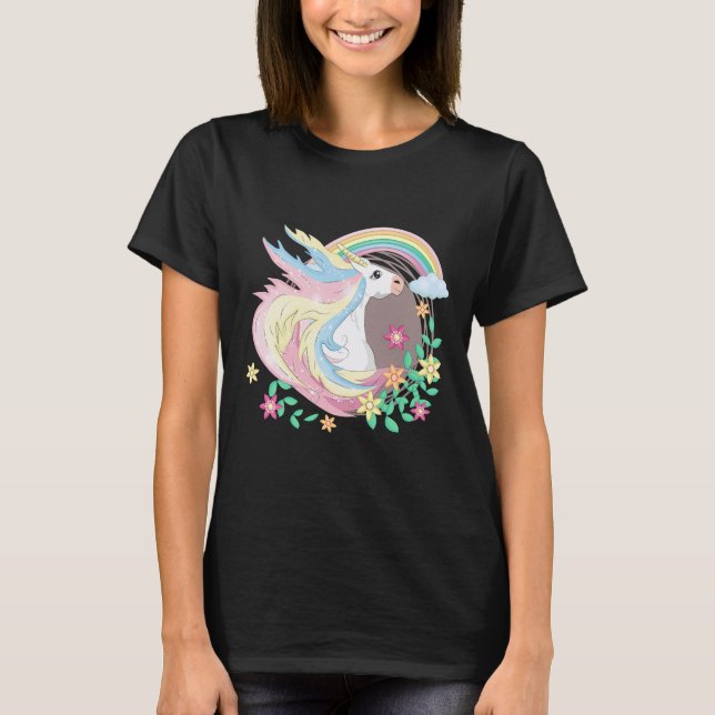 T-shirt Cute Unicorn with Flowers Magical Unicorn Art  (Devant)