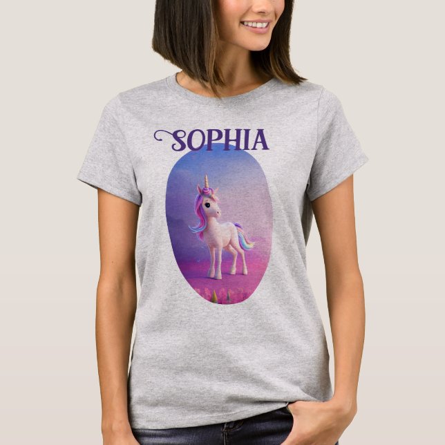 T-shirt Cute Unicorne Blanche Avec Rose & Bleu Mane (Devant)