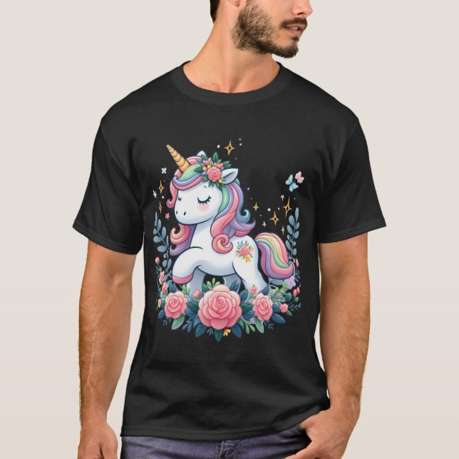 T-shirt Cute Unicorne Sur Fleurs (Devant)
