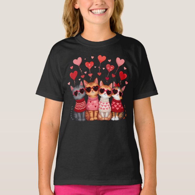T-shirt Cute Valentine Chats en Lunettes de soleil Coeur (Devant)