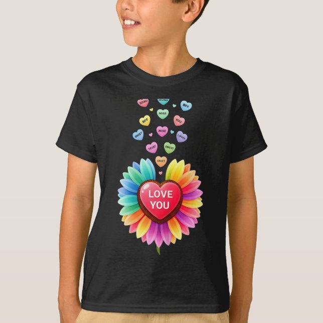 T-shirt Cute Valentine Love Sunflower Hearts Candy For Gir (Devant)