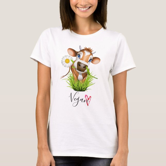 T-shirt Cute Vegan Vache ferme Animal Flower Heart (Devant)