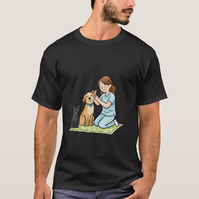 T-shirt Cute Vet Nurse with Dog and Cat Illustration (Devant)