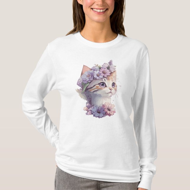 T-shirt Cute Violet Aquarelle Chat avec Flore (Devant)