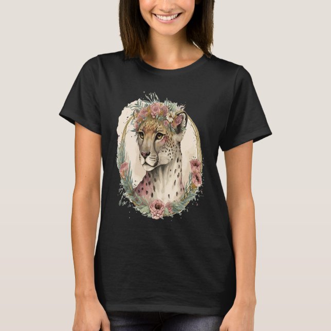 T-shirt Cute Watercolor Cheetah Flower Crown Safari Animal (Devant)