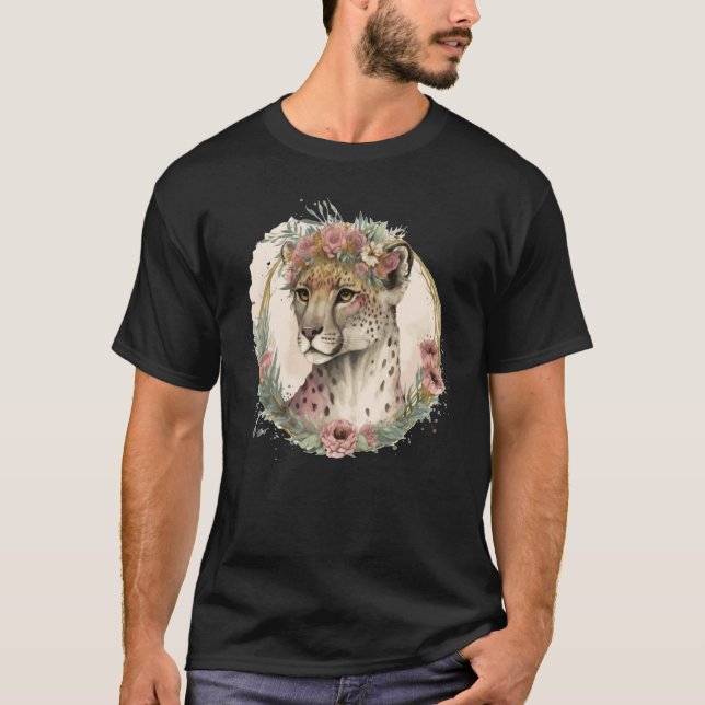 T-shirt Cute Watercolor Cheetah Flower Crown Safari Animal (Devant)