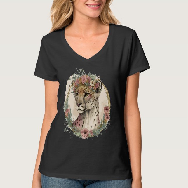 T-shirt Cute Watercolor Cheetah Flower Crown Safari Animal (Devant)