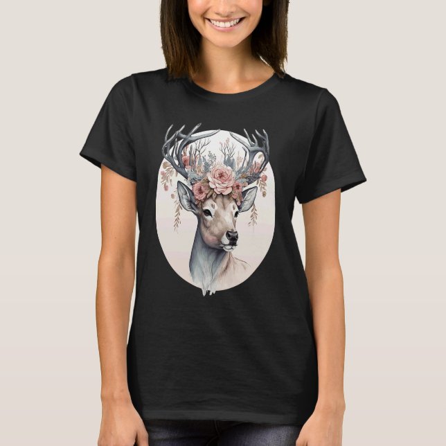 T-shirt Cute Watercolor Deer Flower Crown Animal (Devant)