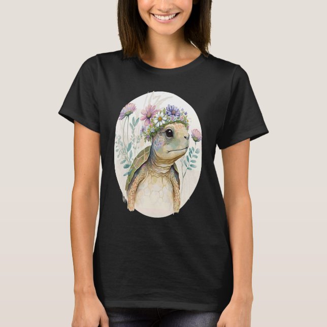 T-shirt Cute Watercolor Turtle Flower Crown Sea Animal (Devant)