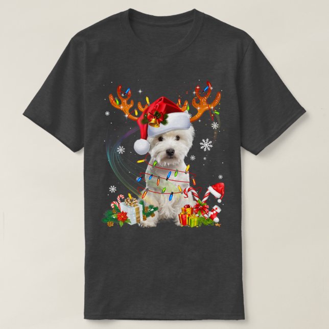 T-shirt Cute Westie Dog Lights Santa Hat Sweater Xmas Tree (Design devant)