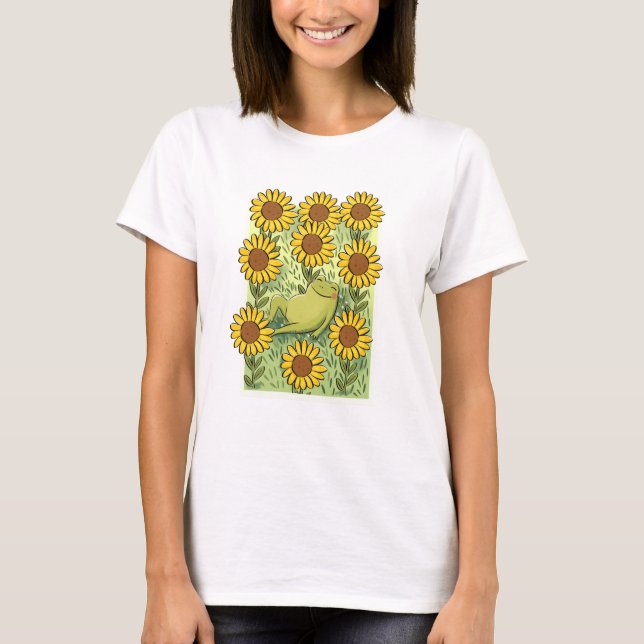 T-shirt Cute Whimsical Frog And Sunflowers Illustration (Devant)
