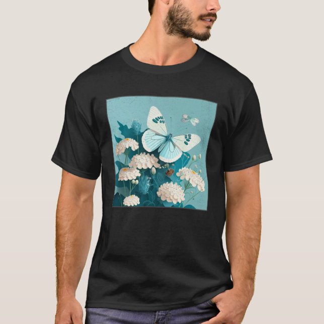 T-shirt Cute White Butterfly Illustration Flowers Minimal  (Devant)