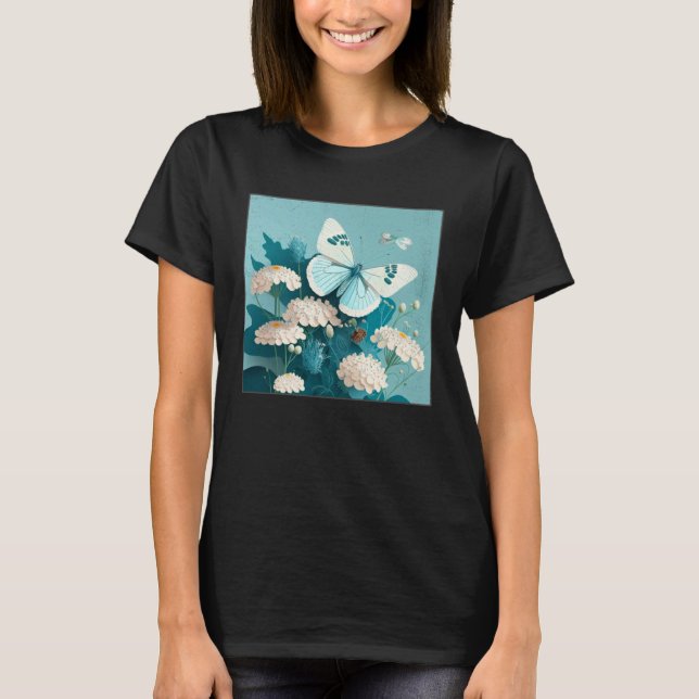 T-shirt Cute White Butterfly Illustration Flowers Minimal  (Devant)