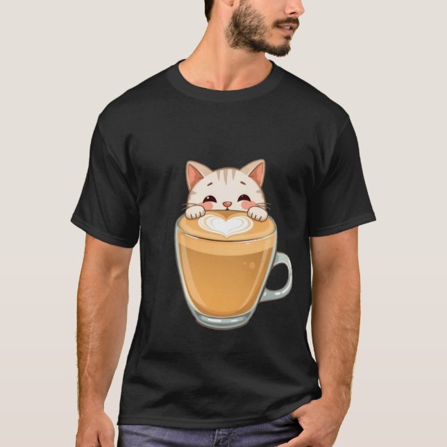 T-shirt Cute White Cat Latte Art Coffee Heart  ✨🐾☕ (Devant)