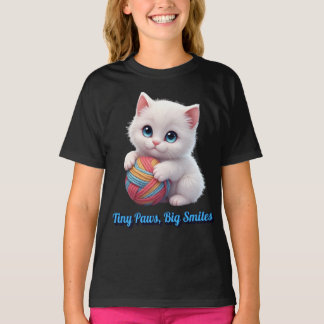 T-shirt Cute White Kitten Yarn Ball Tiny Paws Big Smiles