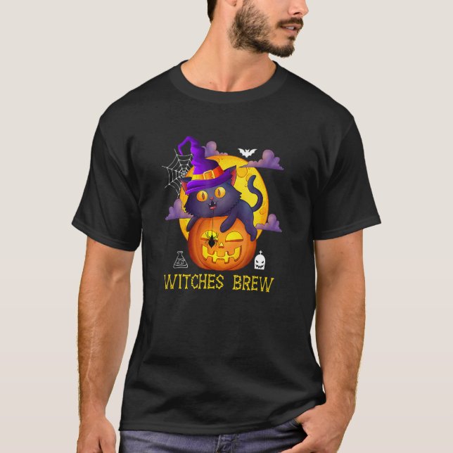 T-shirt Cute Witches Brew Black Cat And Pumpkin Halloween  (Devant)