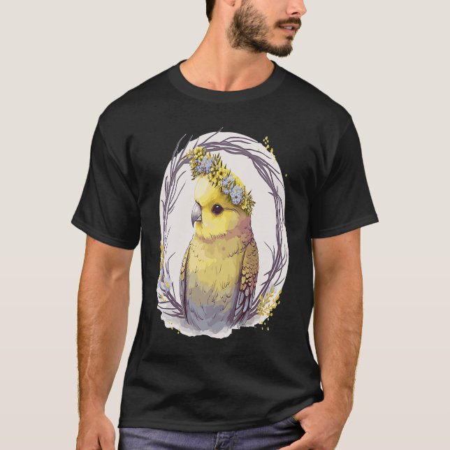 T-shirt Cute Yellow Budgie Parakeet Bird Flower Crown Pet  (Devant)