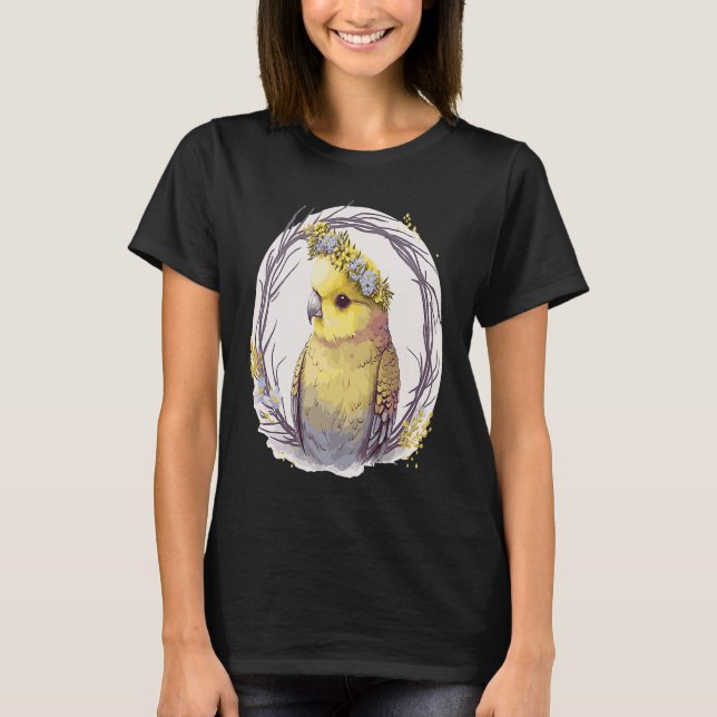 T-shirt Cute Yellow Budgie Parakeet Bird Flower Crown Pet  (Devant)