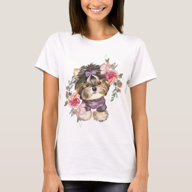 T-shirt Cute Yorkshire Terrier Yorkie et l'art des fleurs (Devant)