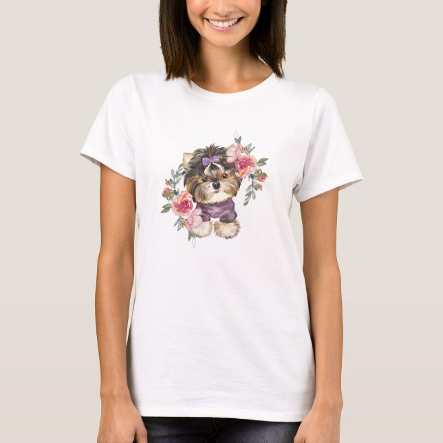 T-shirt Cute Yorkshire Terrier Yorkie et l'art des fleurs (Devant)