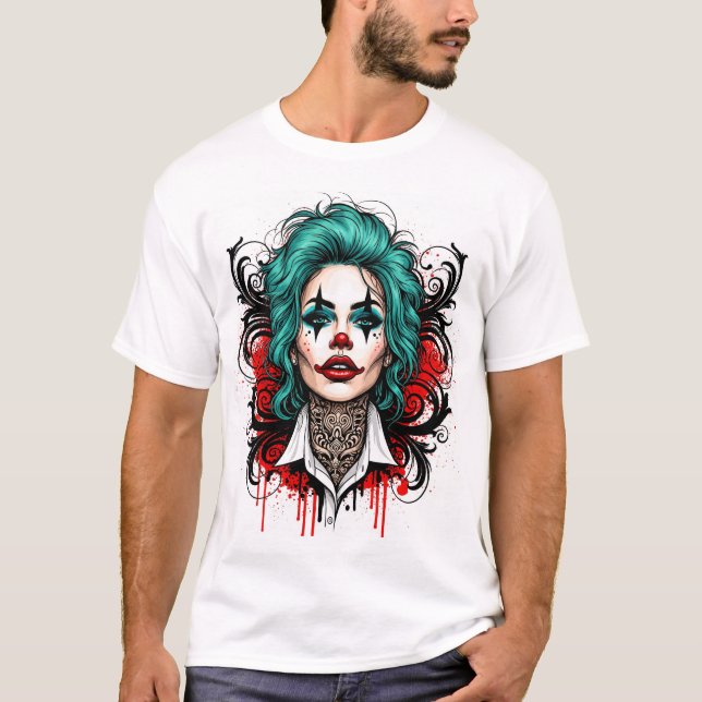 T-shirt Cyan Haired Clown Queen - Spooky Chic Graphic (Devant)