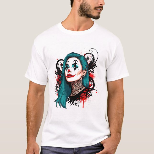 T-shirt Cyan Haired Clown Queen - Spooky Chic Graphic (Devant)