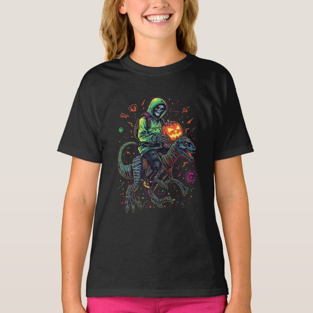 T-shirt Cyber Neon Skeleton équitation Robo Dino - Hallowe (Devant)