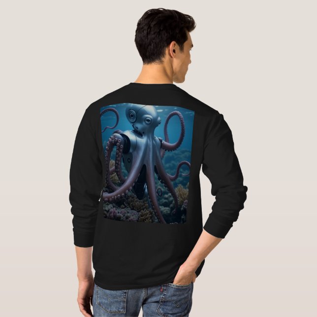 T-shirt Cyber Octopus hommes noir à manches longues T-shir (Dos entier)