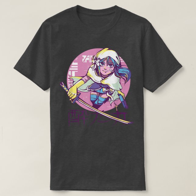 T-shirt Cyber Punk Anime Guerrier fille Rétro Kanji Japona (Design devant)