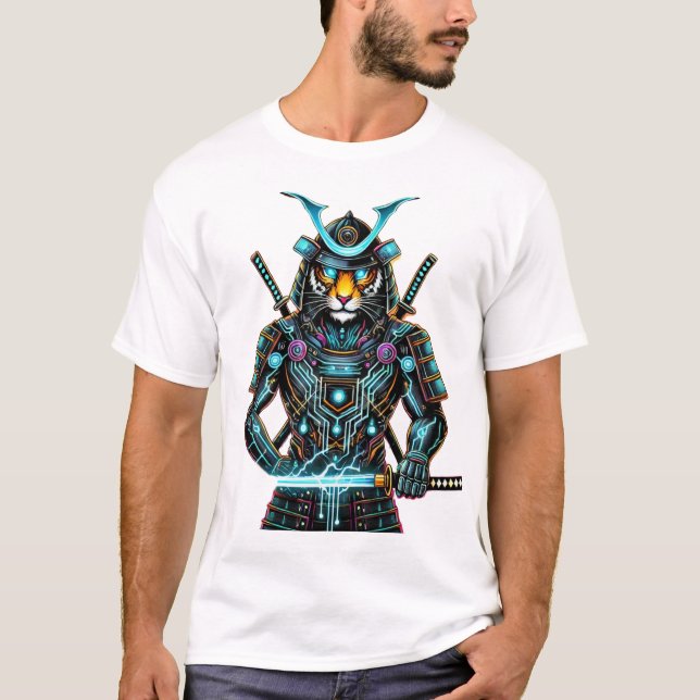 T-shirt Cyber Samurai Tiger - Futuristic Warriist Art (Devant)