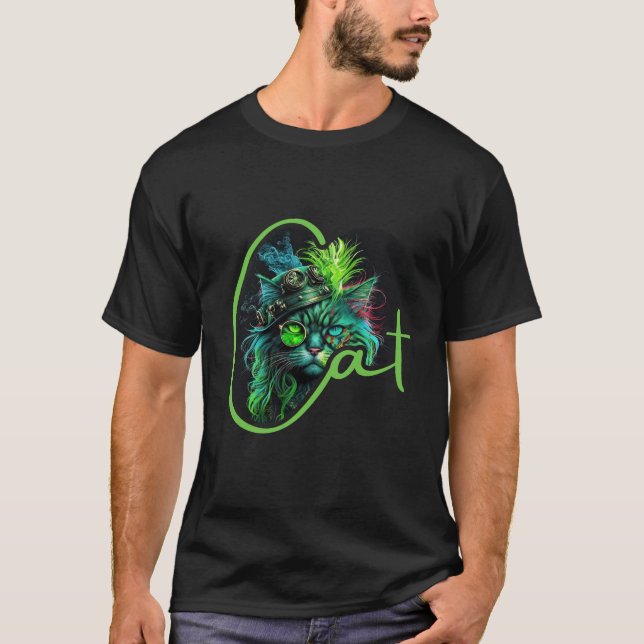 T-shirt Cyber Steampunk Cat – Neon Futuristic Cat Lover (Devant)