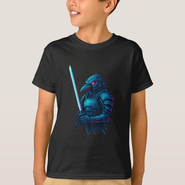 T-shirt Cybernetic Crow Ronin – Neon Samurai Bird Warrior (Devant)