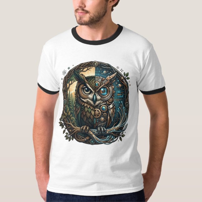 T-shirt Cybernetic Owl Nature vs Technology Steampunk (Devant)