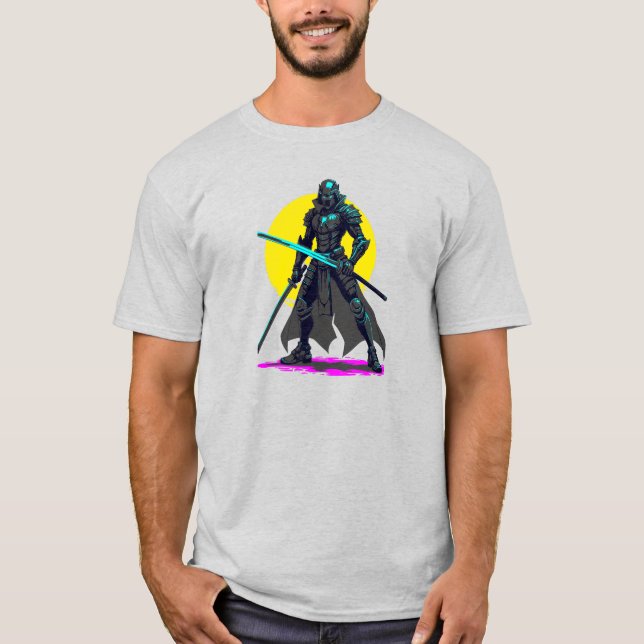 T-shirt Cyberpunk Armoré Samurai Neon Warrior Art (Devant)