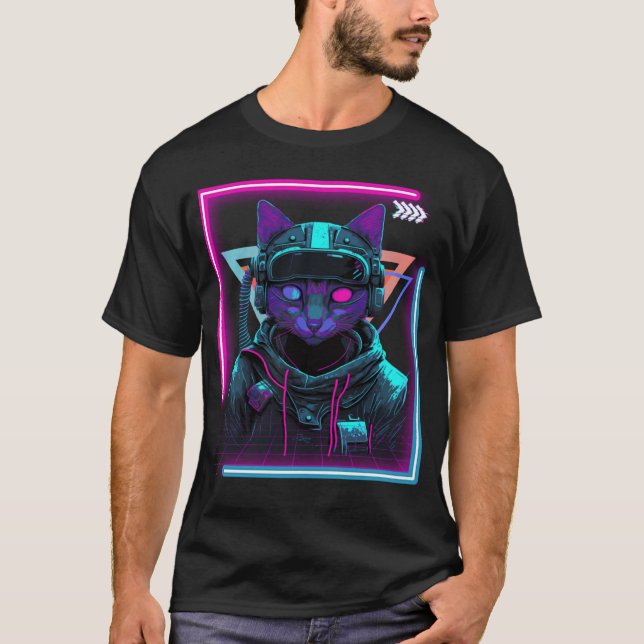 T-shirt Cyberpunk Cat Kitty Punker Futuristic Cyber Punk (Devant)