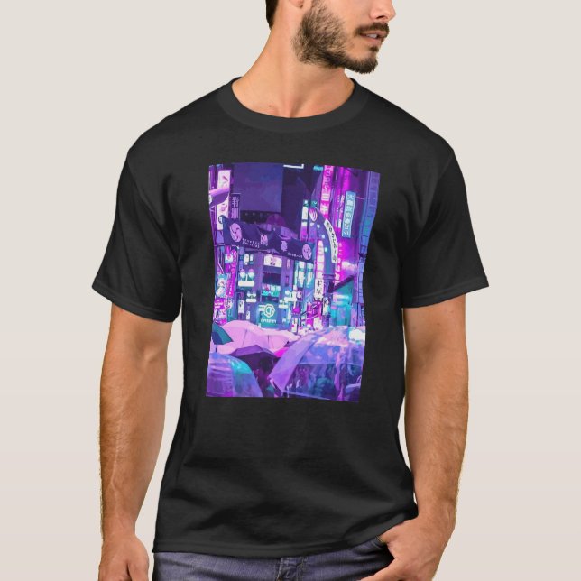 T-shirt Cyberpunk City Sci Fi Nuit Tokyo Japon Urban Noir (Devant)