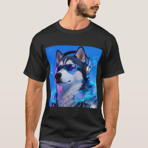 T-shirt Cyberpunk Husky Néon Tech Avatar Chien Beau et Élé